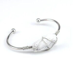 3/$35 Wired Howlite White Grey Natural Stone Crystal Metal Cuff Bangle Bracelet